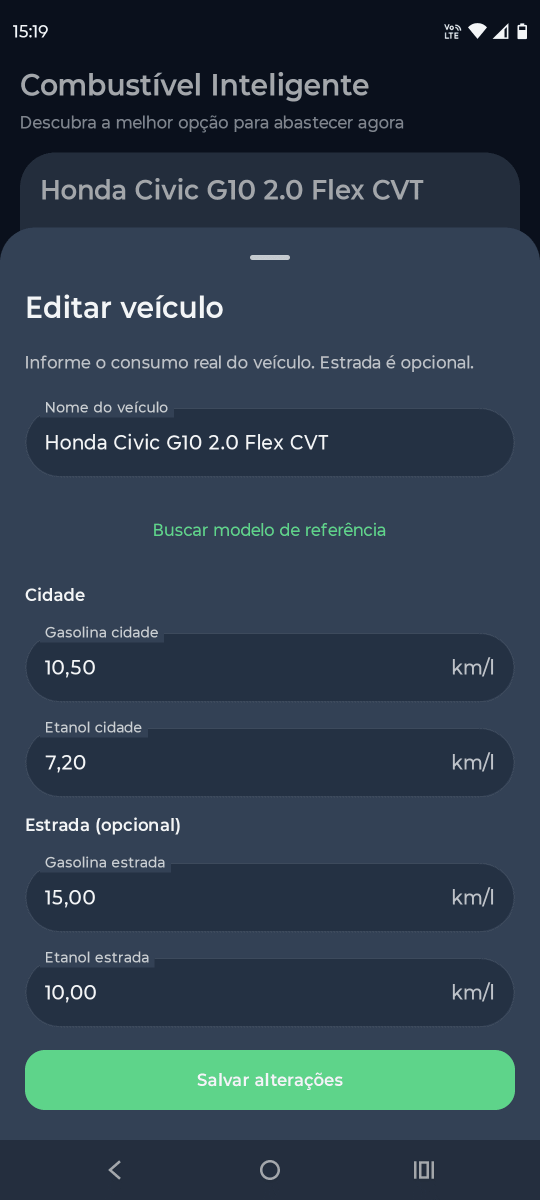 Tela real para editar o veículo e informar consumo na cidade e na estrada