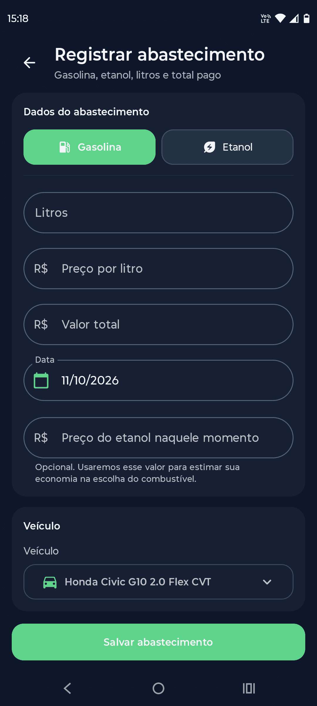 Tela real para registrar um abastecimento